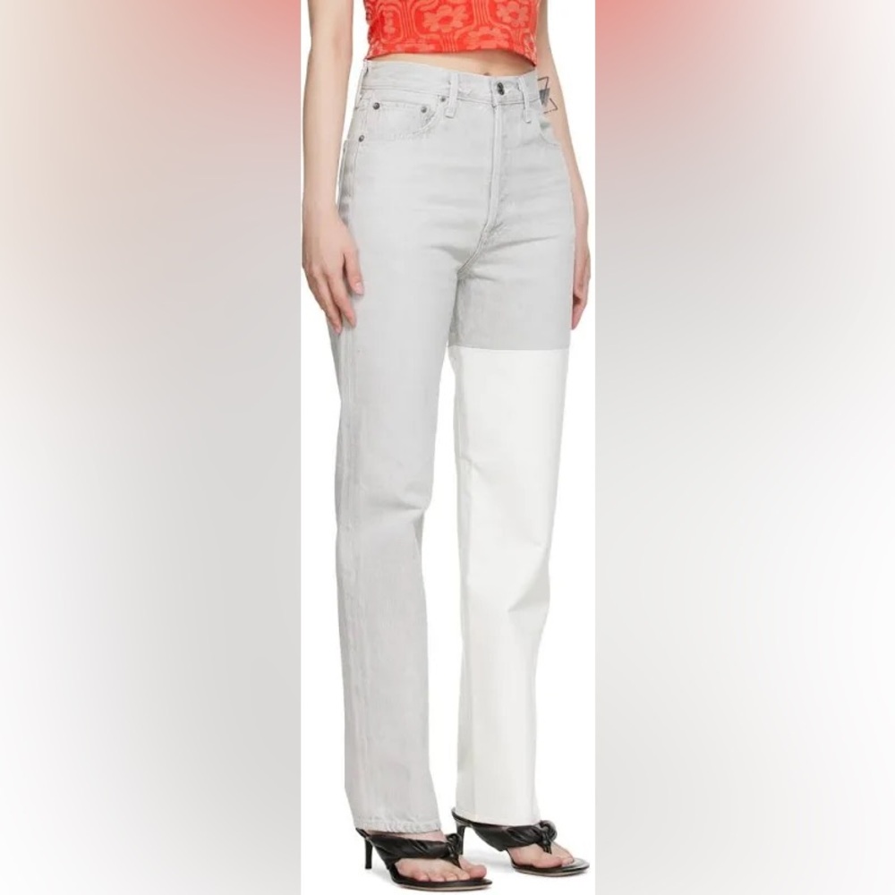 Agolde Gray Denim Jeans with White Leather Asymmetrical Detail
